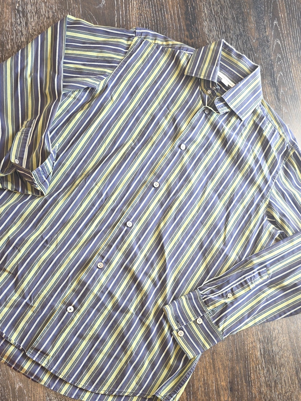 Banana Republic Men's Blue and Yellow Striped Button-Down Shirt